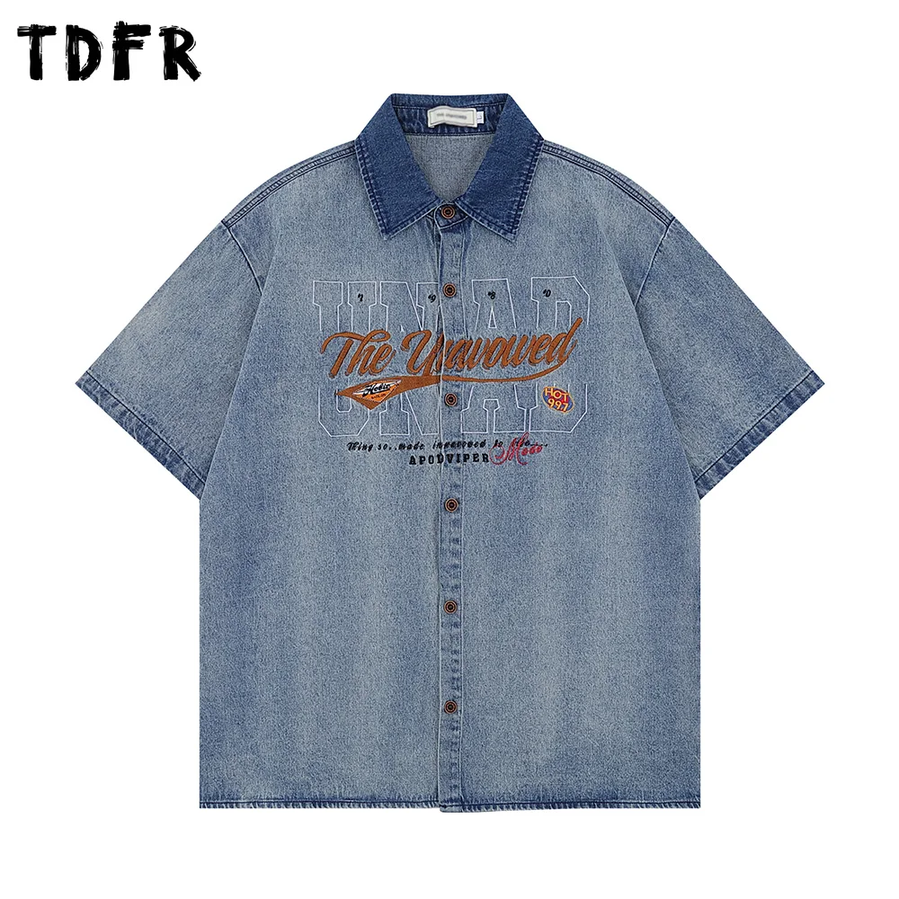 

Letter Embroidery Denim Short Sleeve Shirts Mens Washed Distressed Retro Summer Casual Loose Single Breasted Shirts