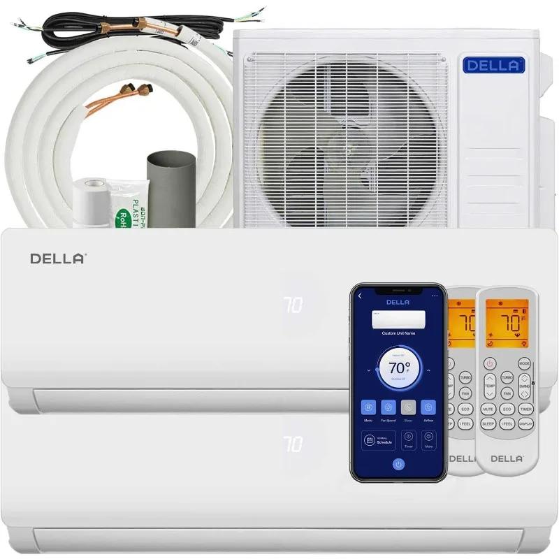 DELLA 18K BTU ODU 2 Dual Zone  9000 BTU Wifi Mini Split Air Conditioner Work with Alexa, 20 SEER2 208-230V Cools Up to 800 Sq