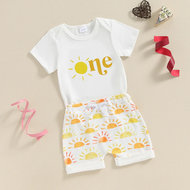 First Birthday Outfit Boy Sun One Romper Short Sleeve Bodysuit Sun Print Shorts Set One Year Old Birthday Outfit