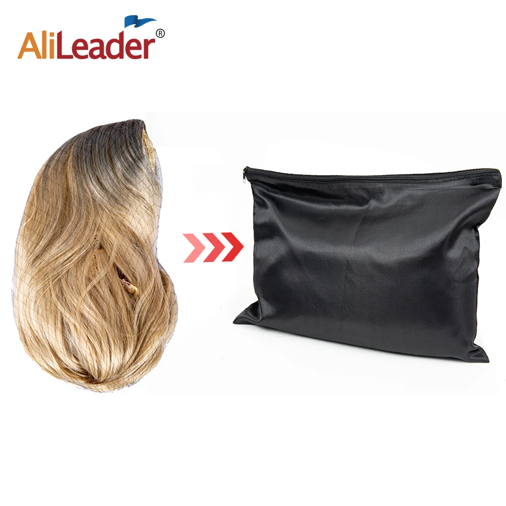 Bolsa De satén con cremallera para extensiones de cabello, bolsa de seda con logotipo impreso, color negro, gris y blanco, para almacenamiento de postizos, viaje y hogar, novedad