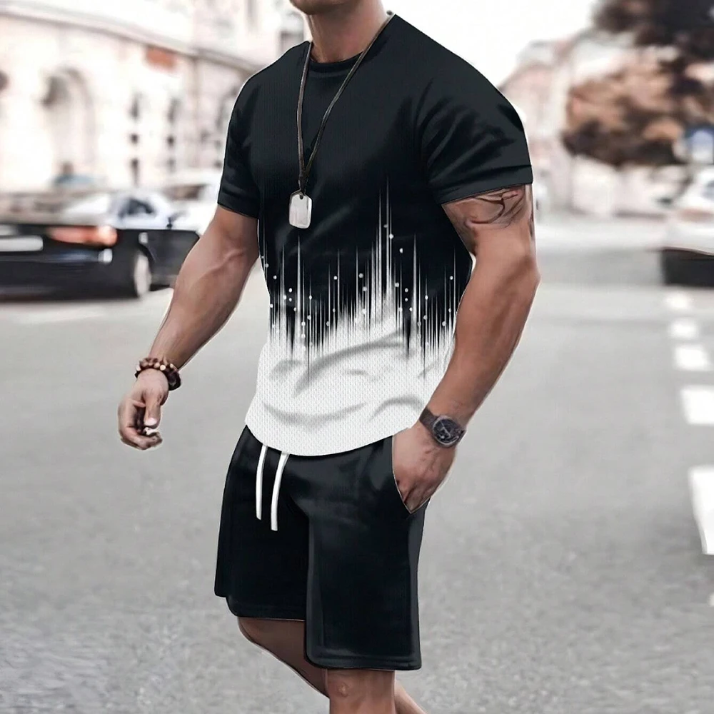 2024 Men\'s Short Sleeve T-shirt Sets Fashion Shorts 2-piece Set Black & Blue Printed Loose Casual T-Shirt Suits Men\'s Sportwear