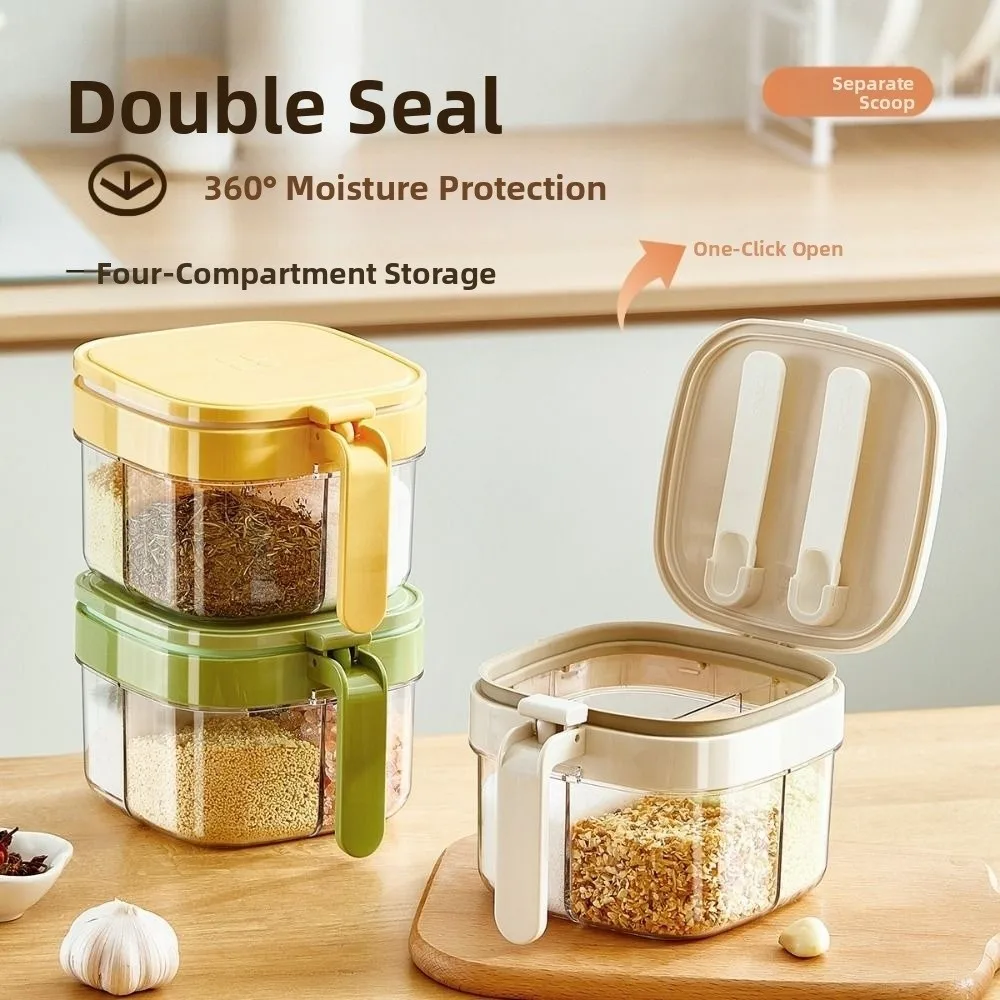 

Glass Sealed Seasoning Jar 4 Grids Leak-proof Condiment Storage Container with Spoon Lid Push-type Spice Tank Home Cooking