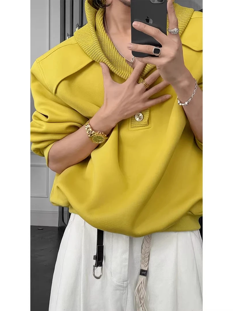 

Yellow Collar Hoodie Men's American High-End Knitted Jaet Heavyweight ort Wide Fit Top Youth Casual Long Sve