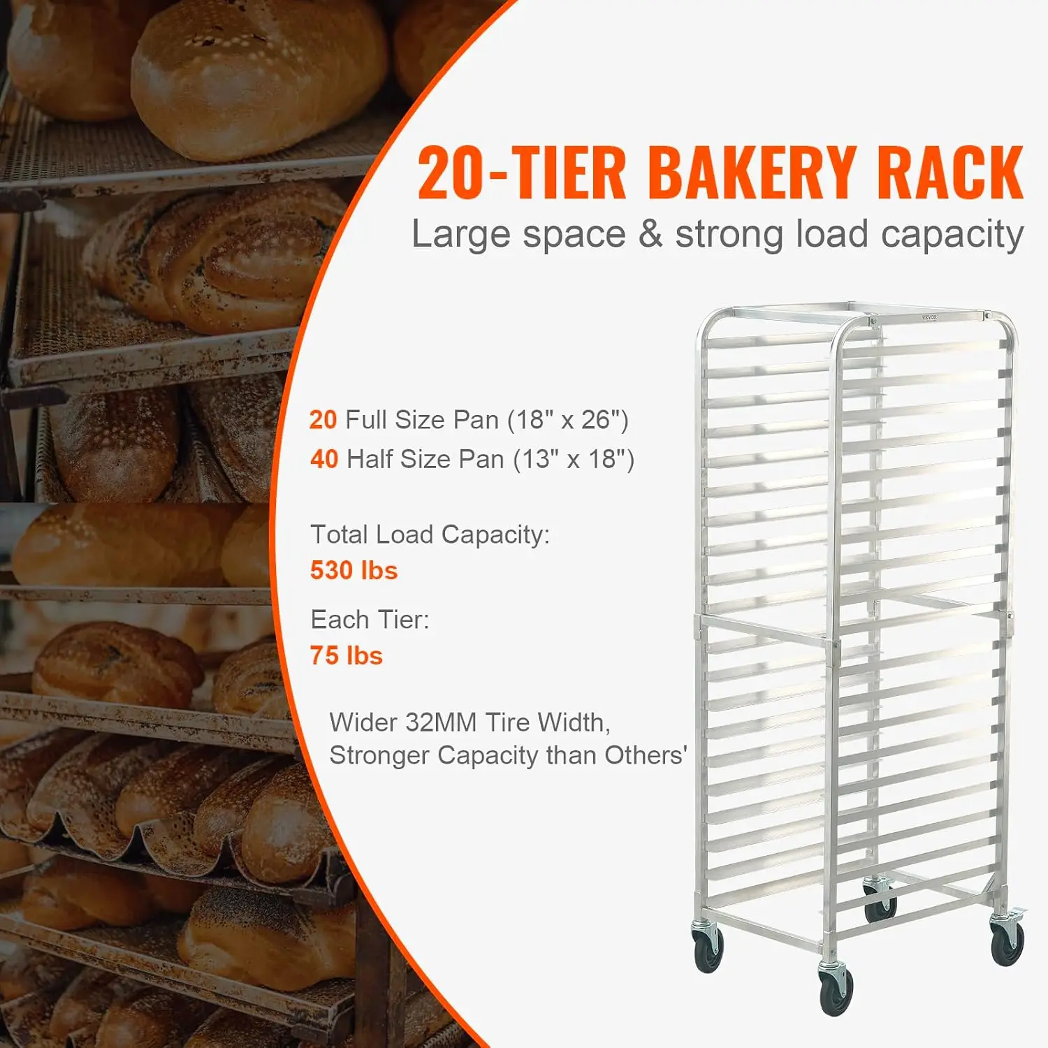 Twenty Tier Commercial Bun Pan Rack Aluminum Bakery Sheet Pan Trolley Rolling Storage Rack Sheet Pan Speed Rack Equipment With Brake Wheels For Commercial Kitchen Home Bakery Silver