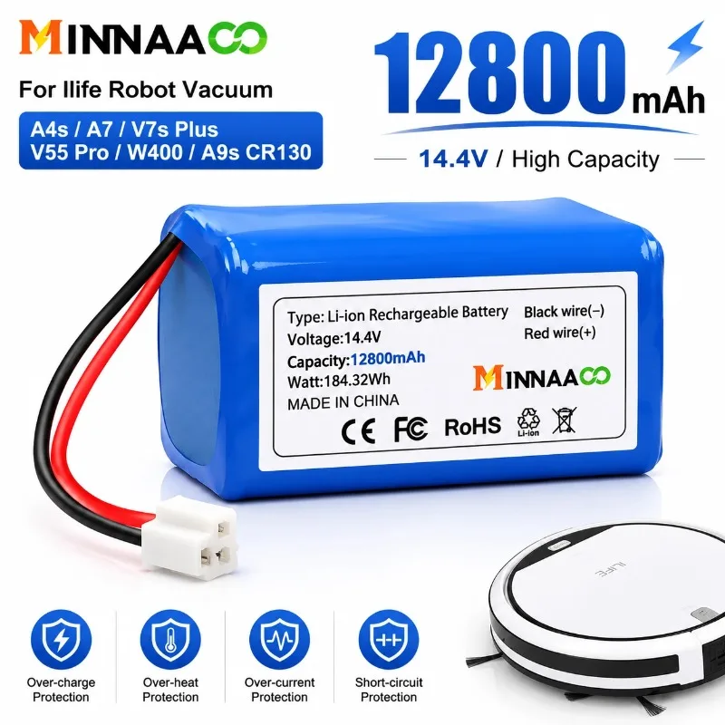 MINNAAOO 12800mAh 14.8V High Capacity Li-ion Battery For HUTT W55 W66 DDC55 DDC51 Window Cleaning Robot
