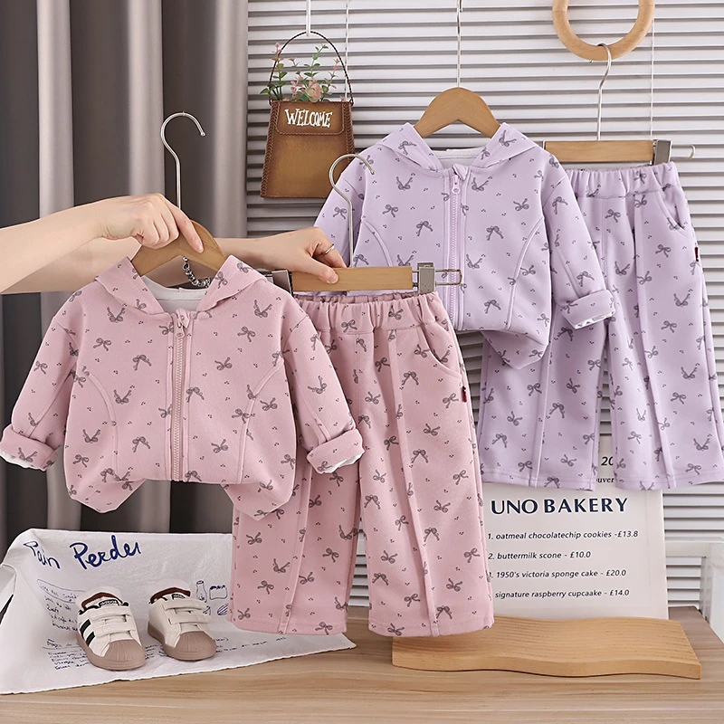 Girls Clothing Set Spring Autumn New Full Print Bowknot Hooded Zipper Coat+Pants 2Pcs For 1 2 3 4 5 Years Baby Kids Casual Suit