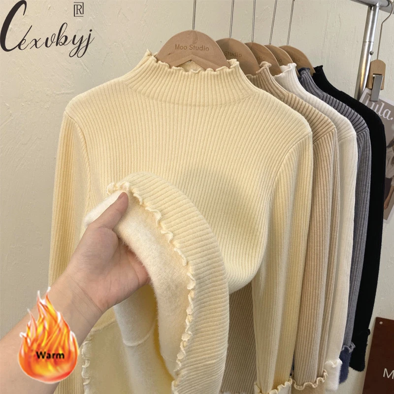 

Half High Collar Wavy Knitted Sweater Women Plus Velvet Solid Colors Knitwear Pullover Korean Fashion Thick Fleece Lined Top