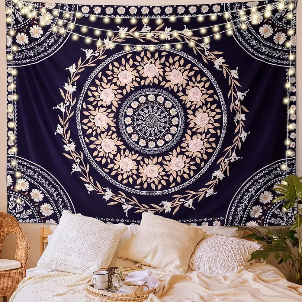 

Гобелен с мандалой FLY SPRAY, эстетичный, в стиле бохо, настенный декор, с темно-розовым цветочным медальоном, богемное настенное искусство в стиле хиппи