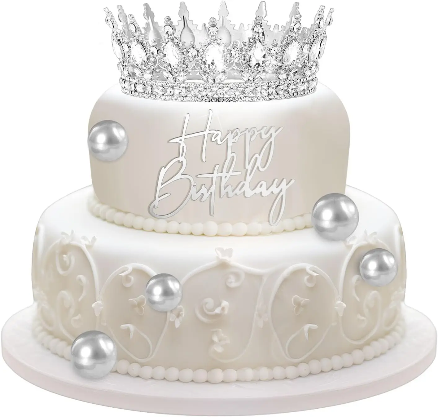 

8 Pcs Silver Queen Crown Birthday Cake Topper for Women Rhinestone Crystal Tiara Wedding Happy Birthday Cake Decoration Foam