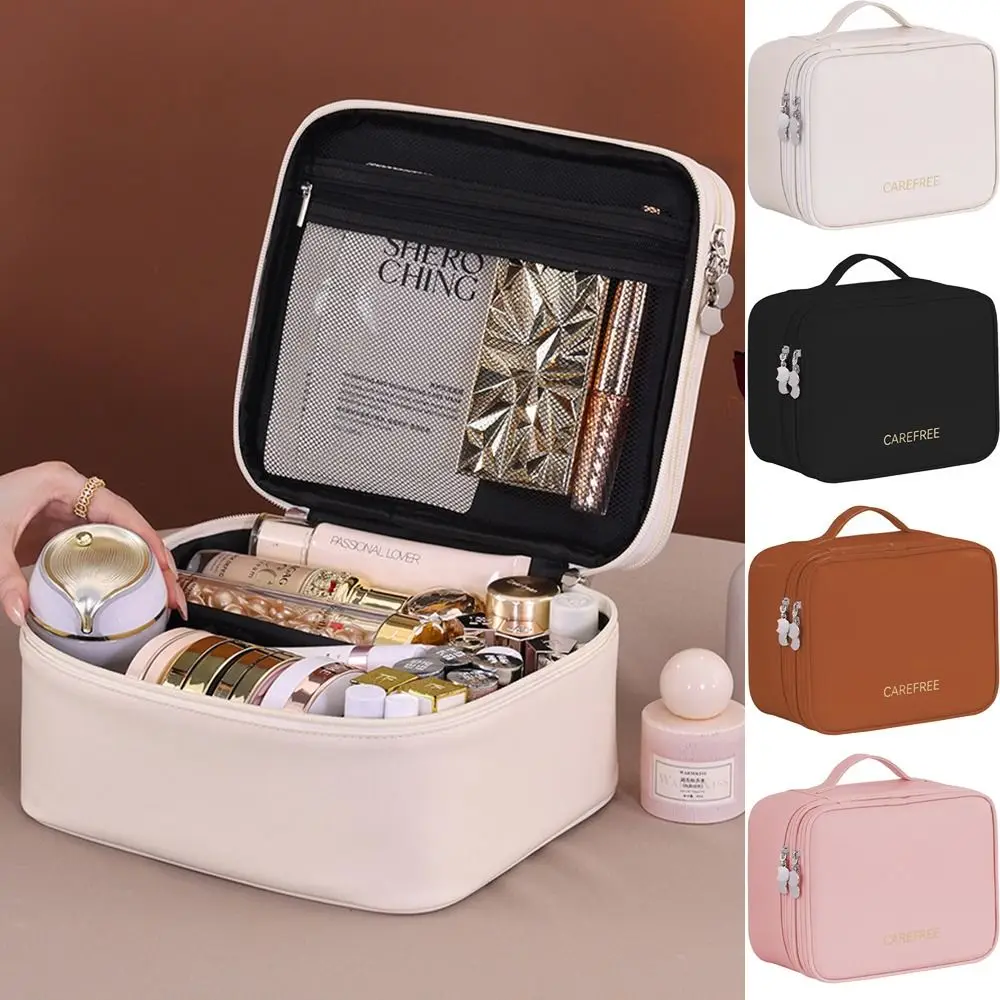 Double-Layer Portable Cosmetic Bag PU Leather Large Capacity Travel Toiletry Pouch Detachable Dividers Waterproof