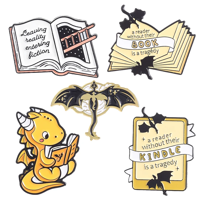 Book and Dragon Enamel Pins Fantasy Reader Badge Leaving Reality Entering Fiction Lapel Brooches E-Book Jewelry Gift For Friends