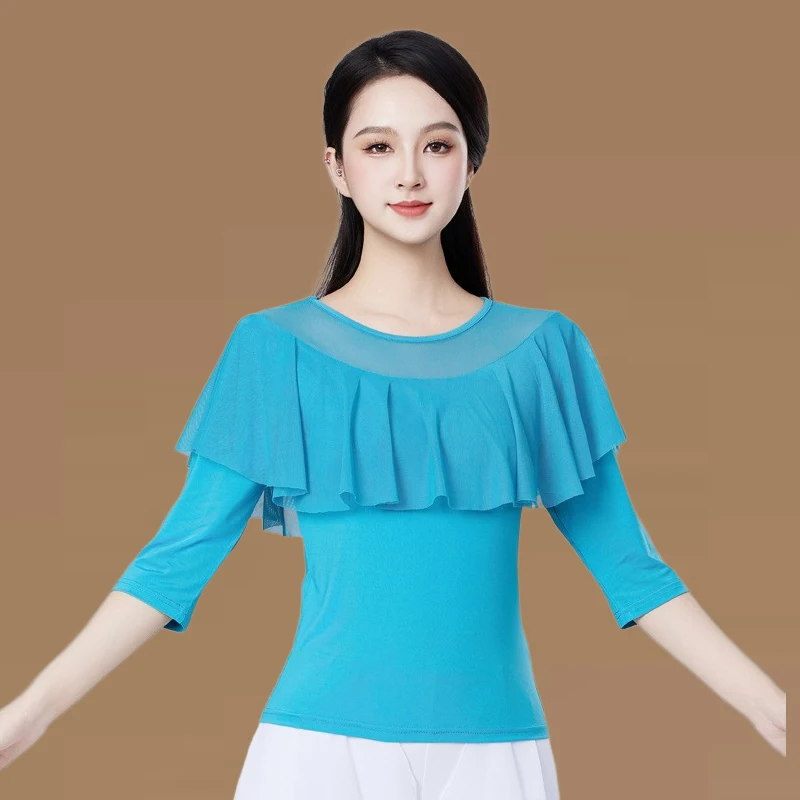 New Square Dance Blue Sleeveless Top Women's Fitness Performance Costume Slimming White Enhancing Dance T-Shirt Summer