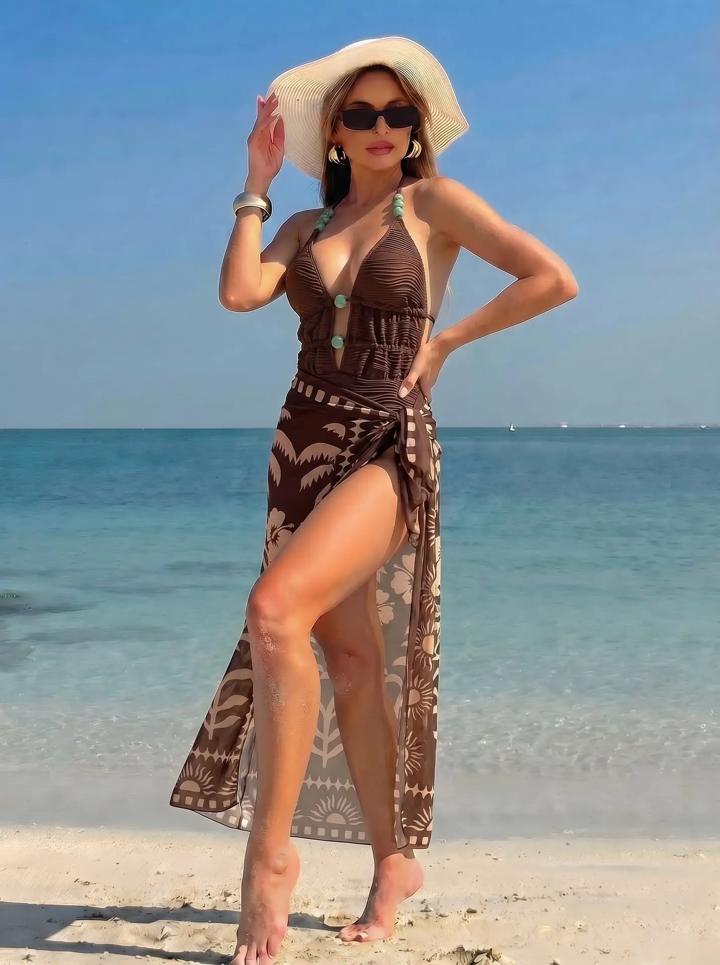 2026 Maillard Style Two Piece Swimsuit Set Women Brown One Piece Swimsuit with Cover Up Push Up Tummy Control Swimwear Beachwear