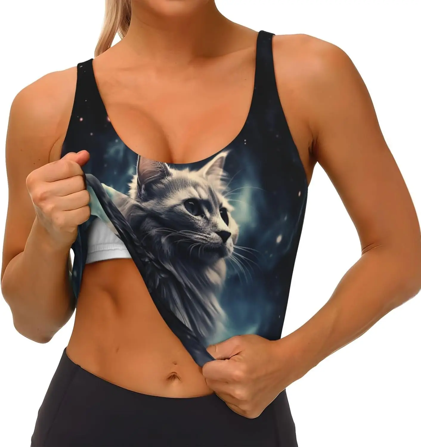 Sport-BHs für Damen, abnehmbare Damen-Tanktops mit U-Rücken, eine Katze in einem Nebel, lustiger Yoga-Print, Trainings-BHs