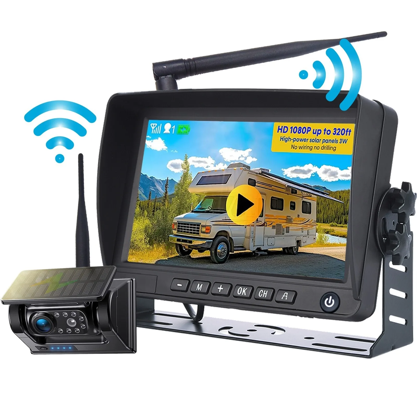 

Lastubs Wireless Solar Magnetic Reverse Backup Camera Waterproof With 7" TFT LCD Quad Split Monitor DVR For Truck Caravan
