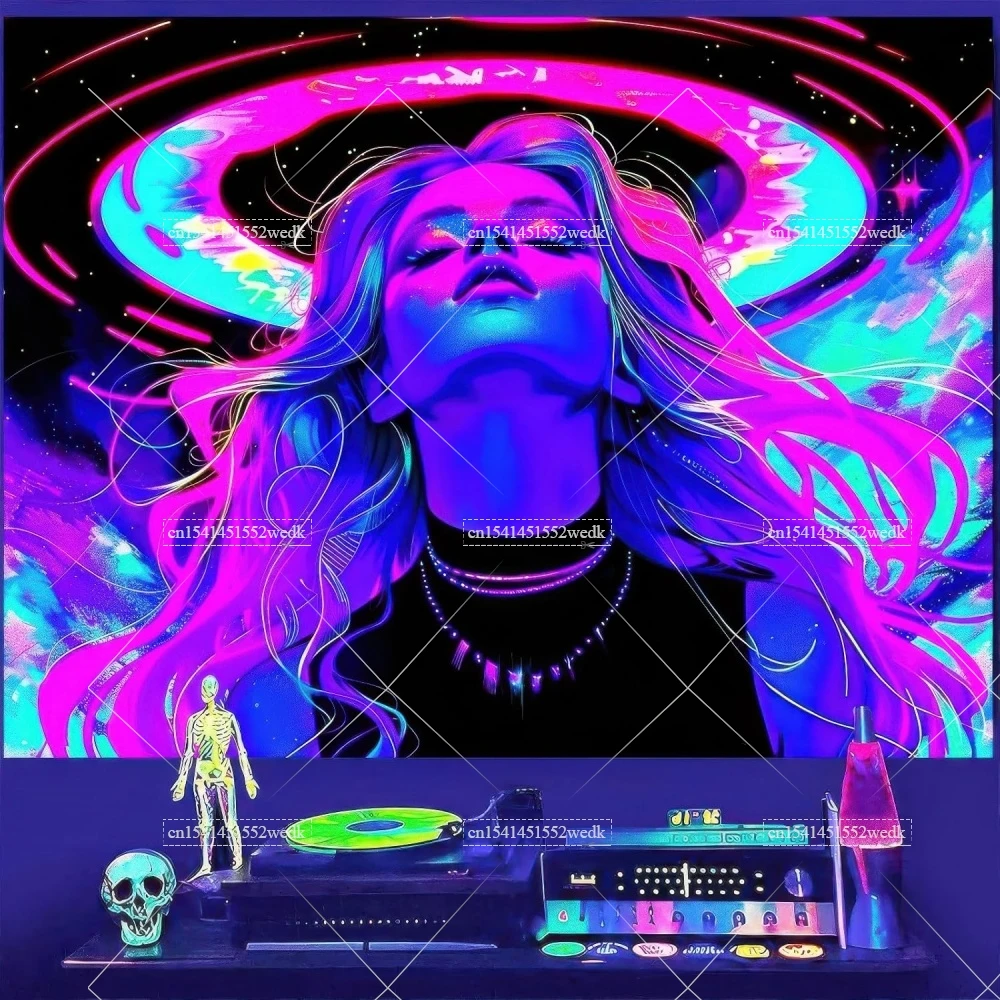 Blacklight Tapestry Anime Girl Aesthetic UV Reactive Glow In The Dark Art Women Wall Hanging Poster Bedroom Party Backdrop Decor