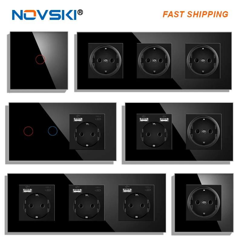 novski сенсорный переключатель с розеткой, панель из хрустального стекла 110 ~ 250 В, 16 А, 157*86, настенная розетка с выключателем света, 1/2/3Gang, 1Way