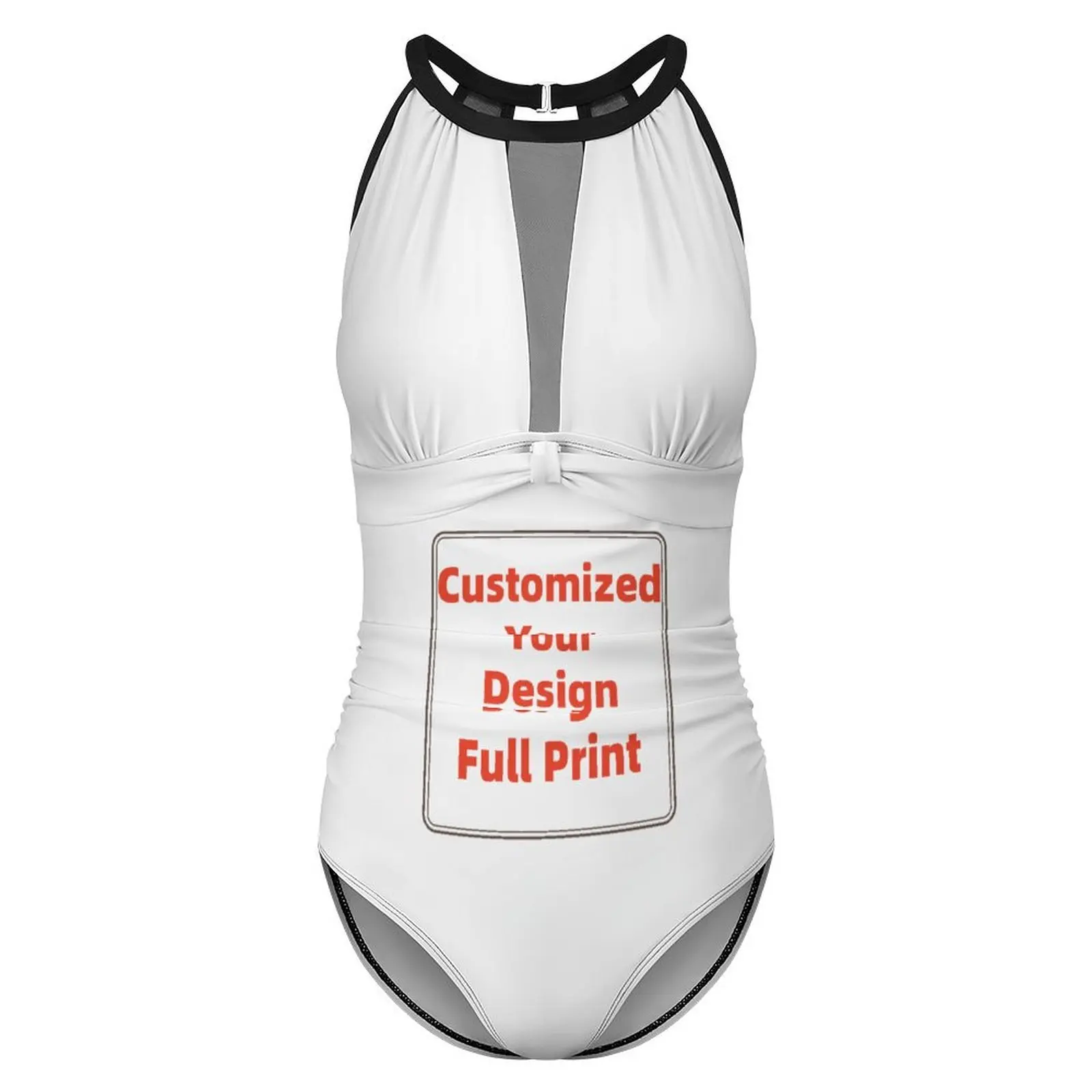 Personalized Women's One Piece Swimsuit Tummy Control High Neck Mesh Panel Bathing Suit Sexy Cutout Back Hook