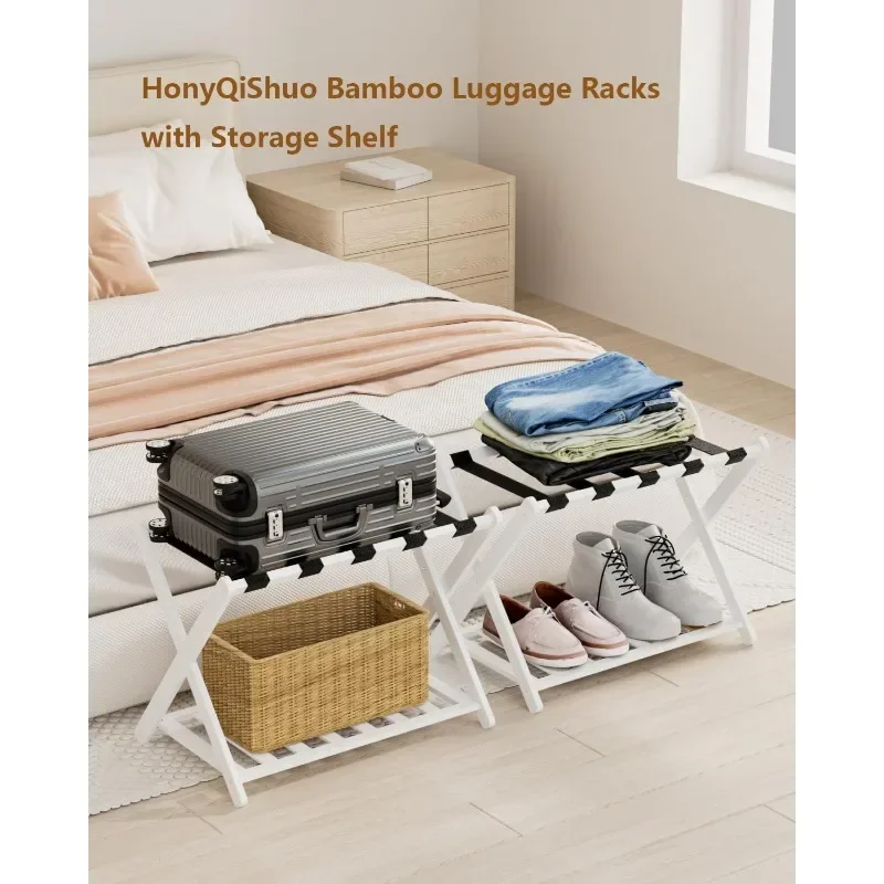 Luggage Racks, Set of 2 Folding Luggage Rack for Guest Room, Bamboo Suitcase Stands with Nylon Straps, X-Shape Heavy