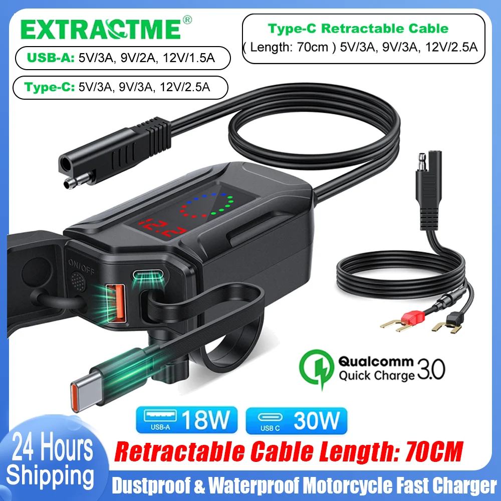 Extractme QC3.0 Motorrad-Schnellladegerät 3 Anschlüsse Einziehbar 12V-24V 30W PD 18W USB-A IP65 Wasserdichtes Motorrad-Handy-Ladegerät