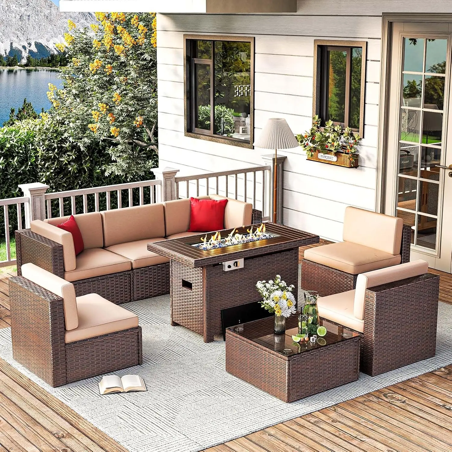 

Furniture 8 Pieces Outdoor Furniture Set with 40" Fire Pit Table Wicker Rattan Sectional Conversation Set with Coffee Table