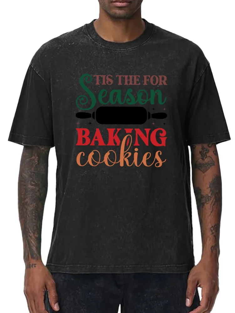 

Baking Cookies 230g Heavy Cotton Washed Oversized T-Shirt for Men Christmas Graphic Tee Retro Casual Top