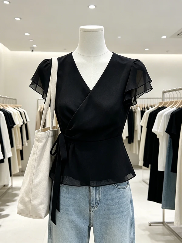 Elegant Black Oversized Shirt with Lace Trim Women's Fashion Summer 2026 Unique Beautiful Waist-Cinching Top Korean Style