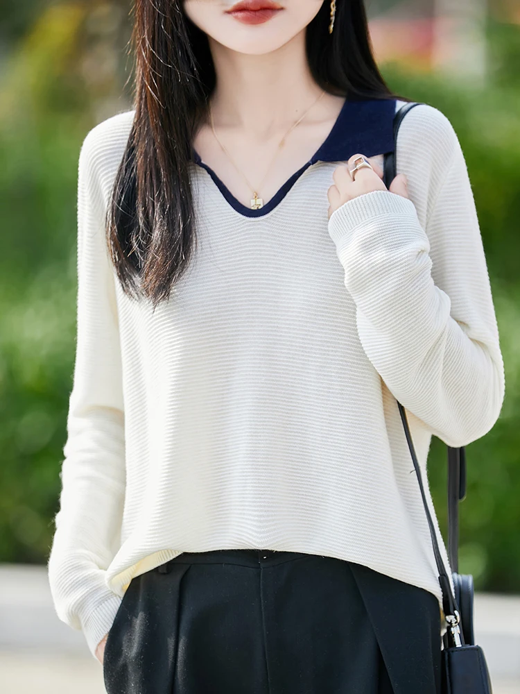 

Women's V-neck Pullover Fine Wool Soft Sweater Autumn Winter Bottoming Color Blocked Lapel Clothing Casual Warm Knitting Top