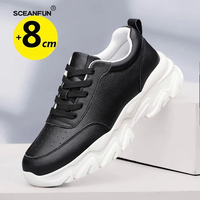 Sapatos de couro branco para homens, tênis elevador invisível, sapatos esportivos, tamanho grande 46, novo, 8cm