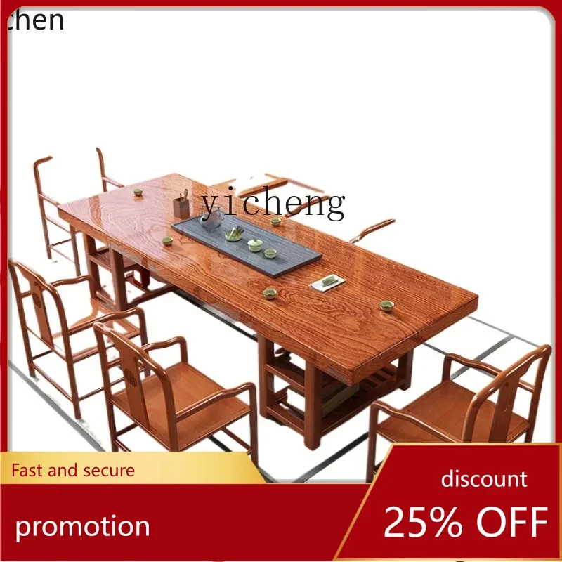 

ZML tea table and chair combination one table and five chairs black rosewood large board tea table