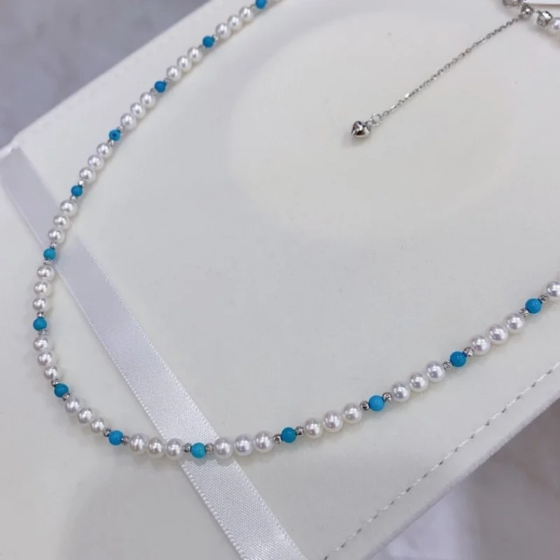 SGARIT Sleeping Beauty Turquoise Necklace For Women Genuine Fresh Water White Pearl Necklace Party Engagement Elegant Jewelry view 3