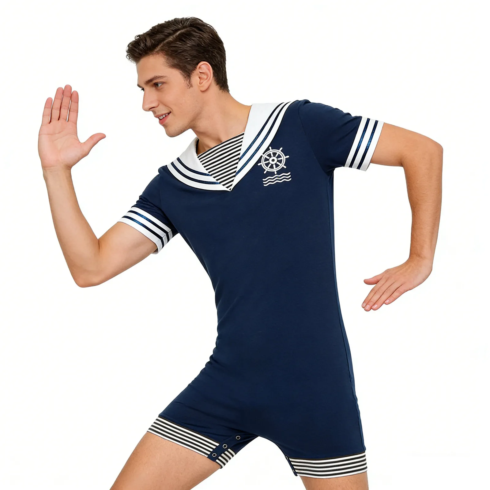 

Мужской комбинезон-пижама в морском стиле, цельный, с коротким рукавом, с воротником-стойкой, на кнопках, с принтом, для сна