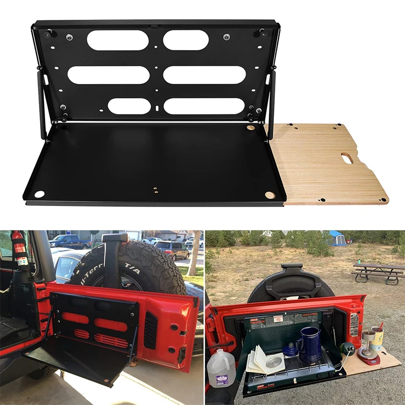 Drop Down Tailgate Table for 2007-2024 Jeep Wrangler JK JKU JL JLU Unlimited Sports Freedom Sahara with Wood Tray Extension