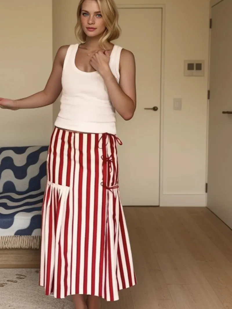 

New 2025 Fashion Striped Long Skirts Bow Decoration Midi Skirt Summer Splicing Design Long Skirts for Women Casual Streetwear