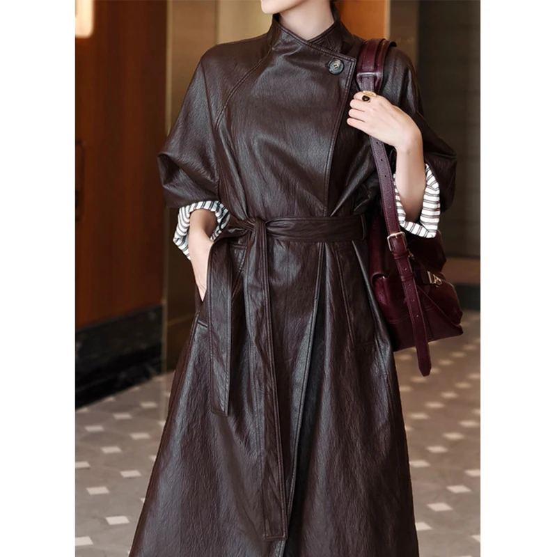 Real Leather Trench Coats Woman Spring New Sheepskin Small Stand Collar Stitching Profile Belt Loose Bathrobe Windbreaker Jacket