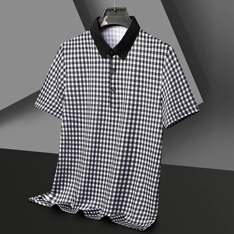 Men\'s Plaid Badge Short Sleeve POLO Shirt Casual Summer Top New Arrivals