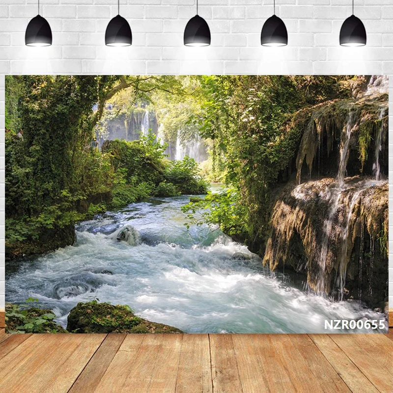 Photography Vinyl Waterfall Backdrop Decoration Wall Banner Green Forest Mountain Water Landscape Photographic Background Props