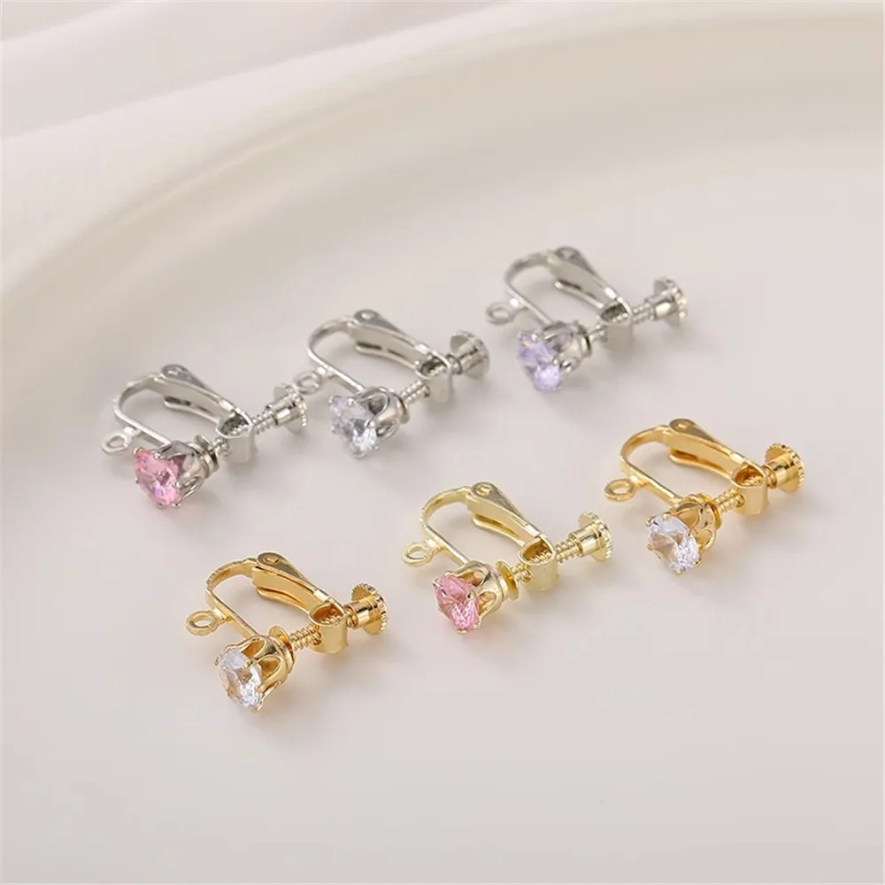 14K Gold-plated Screw Ear Clip Inlaid with Zirconia 6mm Handmade DIY Earrings Jewelry Materials Accessories E023