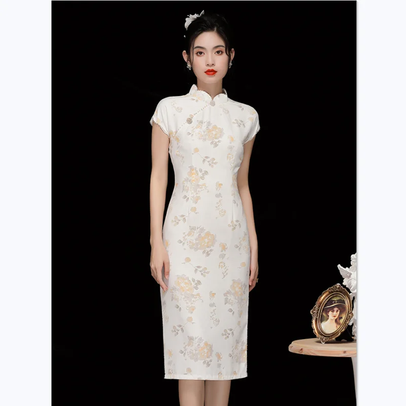 Vintage Dress Chinese Style Young Girl Summer Stand Collar Short Sleeve Elegant Slim Printed Improved Cheongsam S-XXL