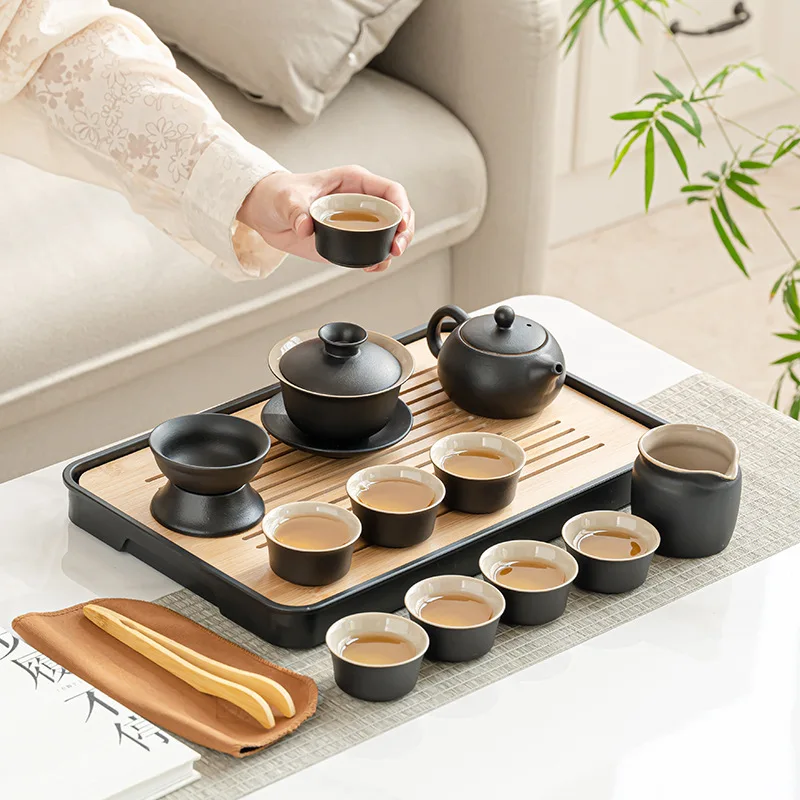 High-end Ink Yun Black Ceramic Kung Fu Set for Home and Office, Simple Complete Tea Tray for Reception and Tea Brewing, Customiz