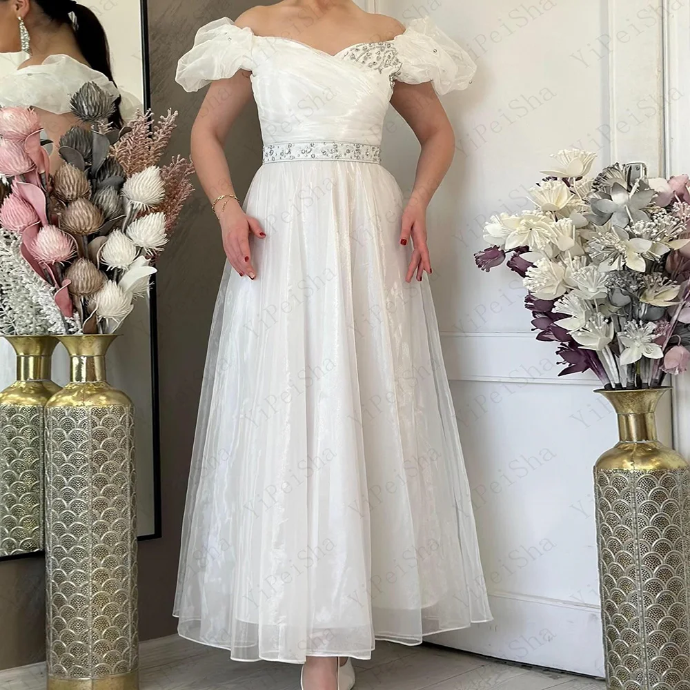 

Customized A-Line Prom Dresses Ankle-Length Off The Shoulder Sleeveless Evening Gown Fashion Crystal Simple Draped Party Gown