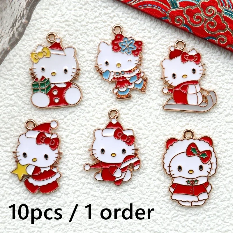 

10PCS Christmas New Year Celebration HelloKittys Alloy Pendant Cute Metal Charm DIY Necklace Bracelet Earings Keychain Accessory