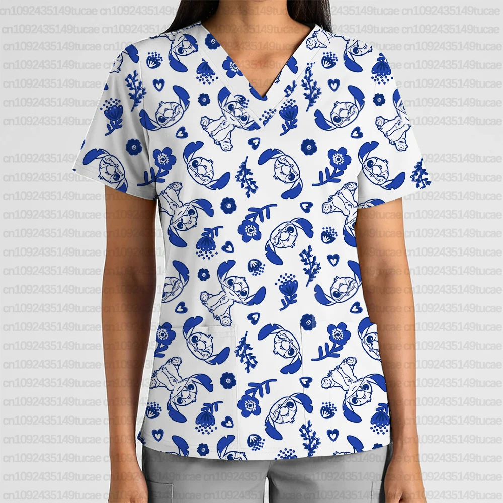 Uniforme de enfermeira de viajante feminino disney ponto dos desenhos animados uniforme de enfermeira impresso com decote em v bolso esfrega topo dental salão de beleza camiseta