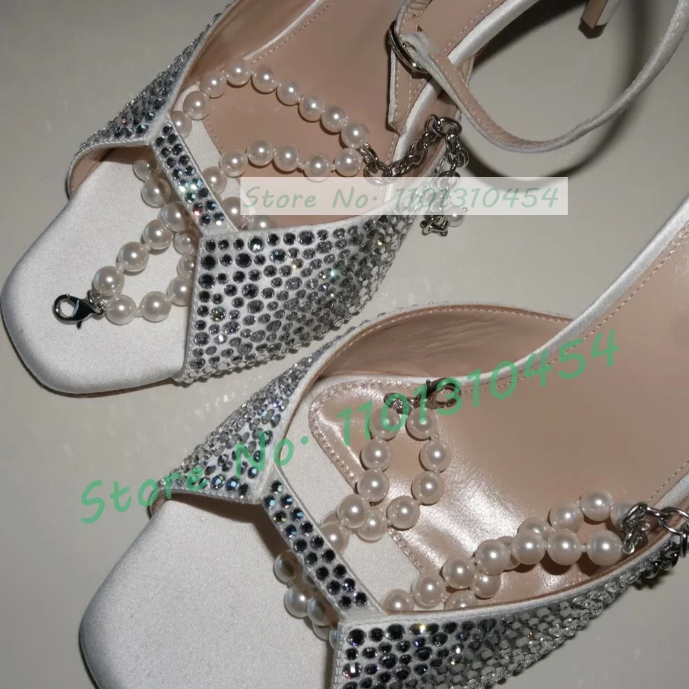 

Sparkly Crystal Toe Strap Satin Sandals Women Luxury Pearl Chain Open Toe Party High Heels Ladies Classy Ankle Strap White Shoes
