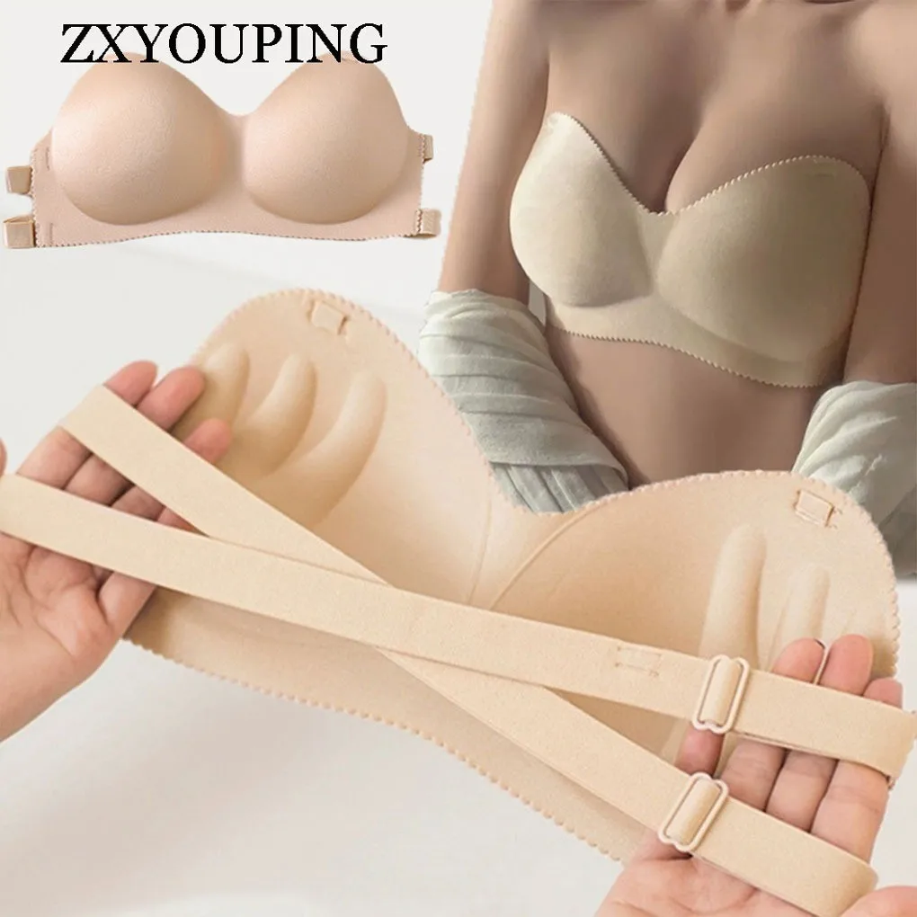 ZXYOUPING Women Invisible Bra Nu Bra Seamless Strapless Push Up Bra Backless Strap Free Size for Wedding Party