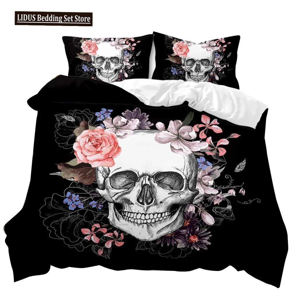 

Skull Duvet Cover Set Queen 3D Skeleton Floral Skull Pattern Printed Bedding Qulit Cover Gothic Microfiber Bedding Queen Size