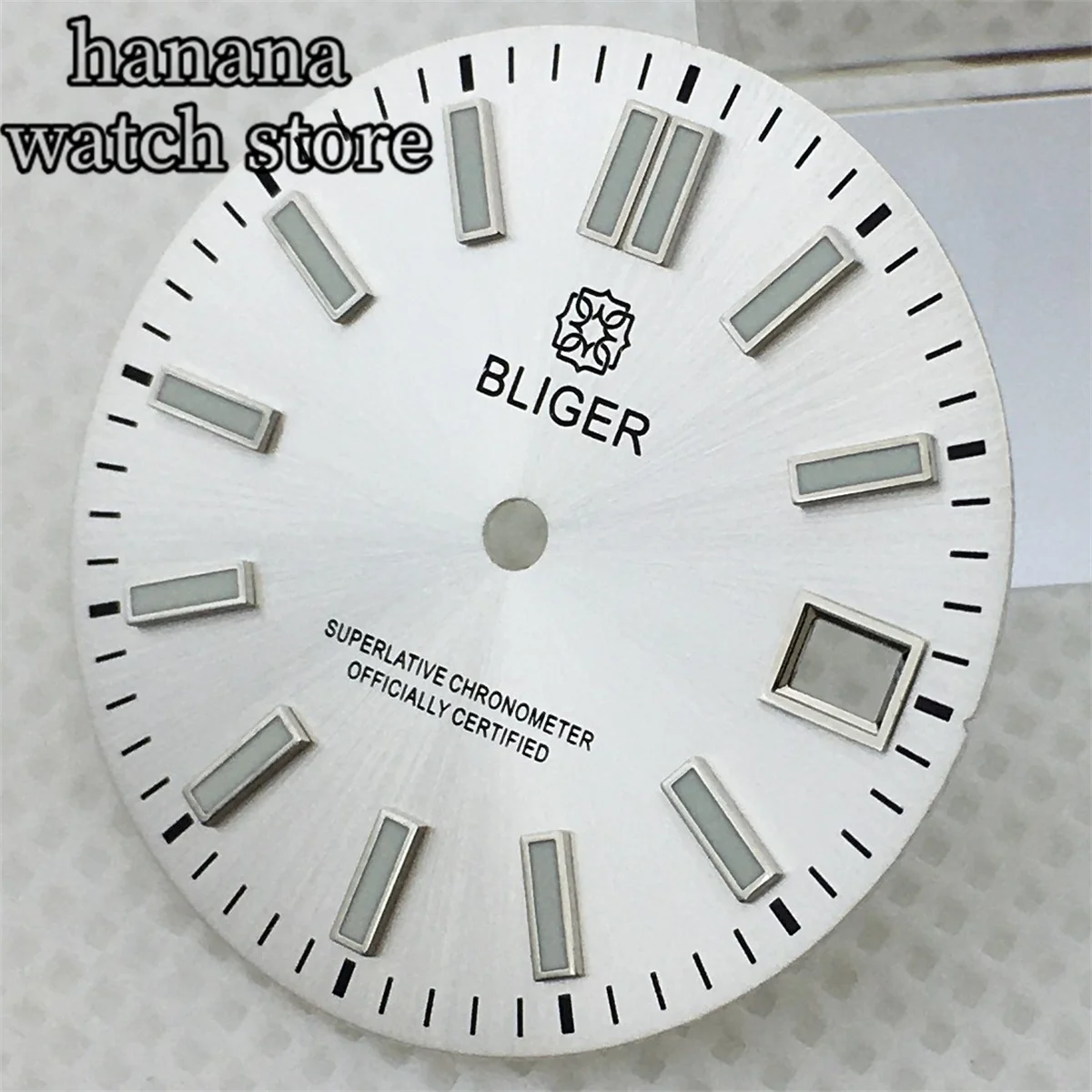 Bliger นาฬิการะเบิด29มม., หน้าปัดสีขาวพอดีกับ NH35 NH36เคลื่อนไหวอัตโนมัติ3 O 'clock แสดงวันที่หน้าต่างสีเขียวเรืองแสง