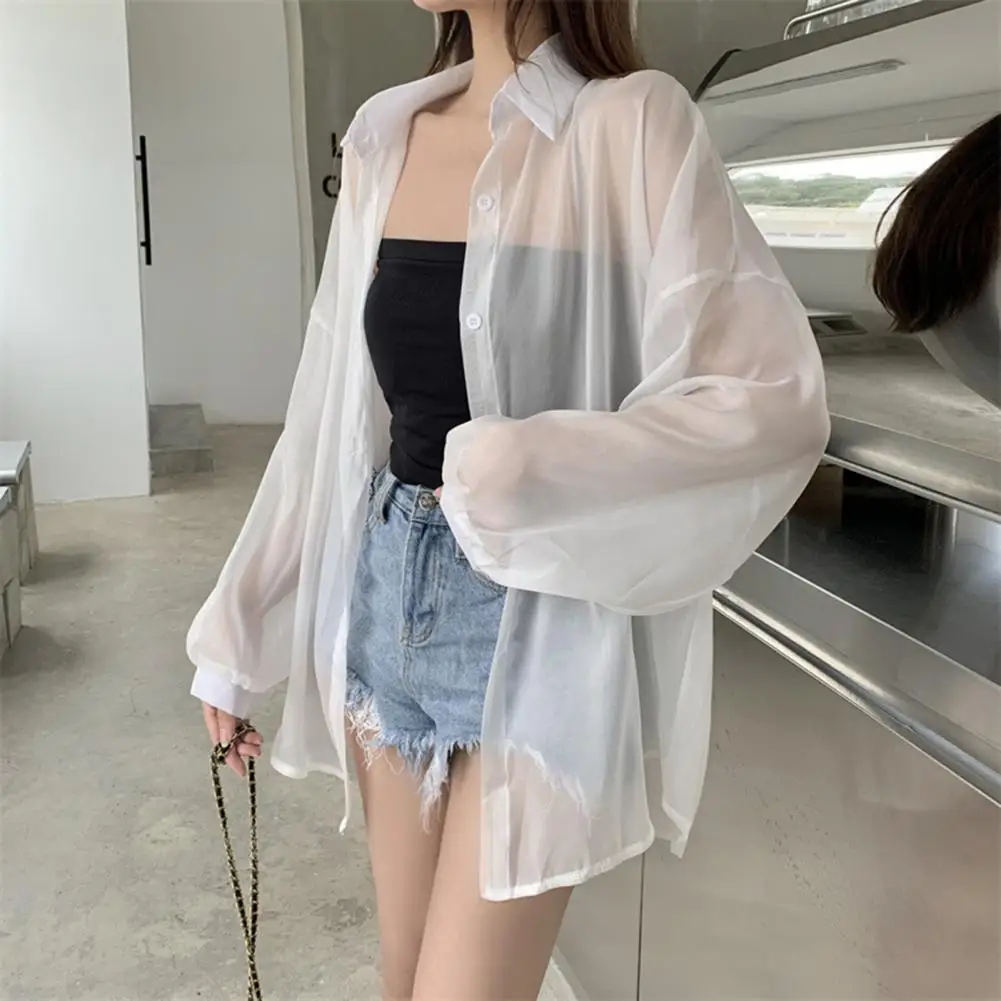 See through Blouse Stylish Women\'s Sun Chiffon Jacket Long Sleeve Button Down Shirt Outerwear for Summer for Ladies