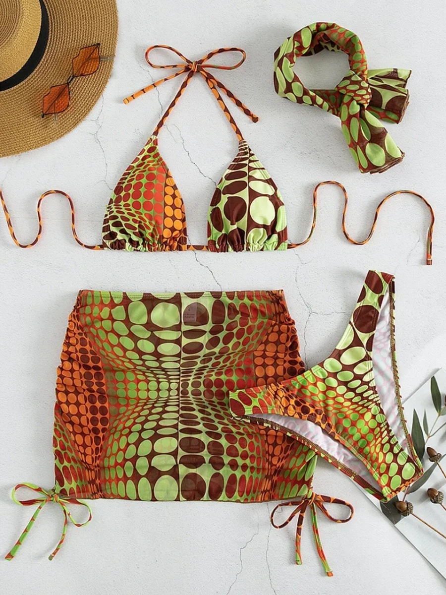 Sexy Halter  3 Pieces Bikini Set 2024 Dot Printed Swimwear Triangle Bikinis Cover Up Swimsuit With Tape Beach Skirt Swimwear