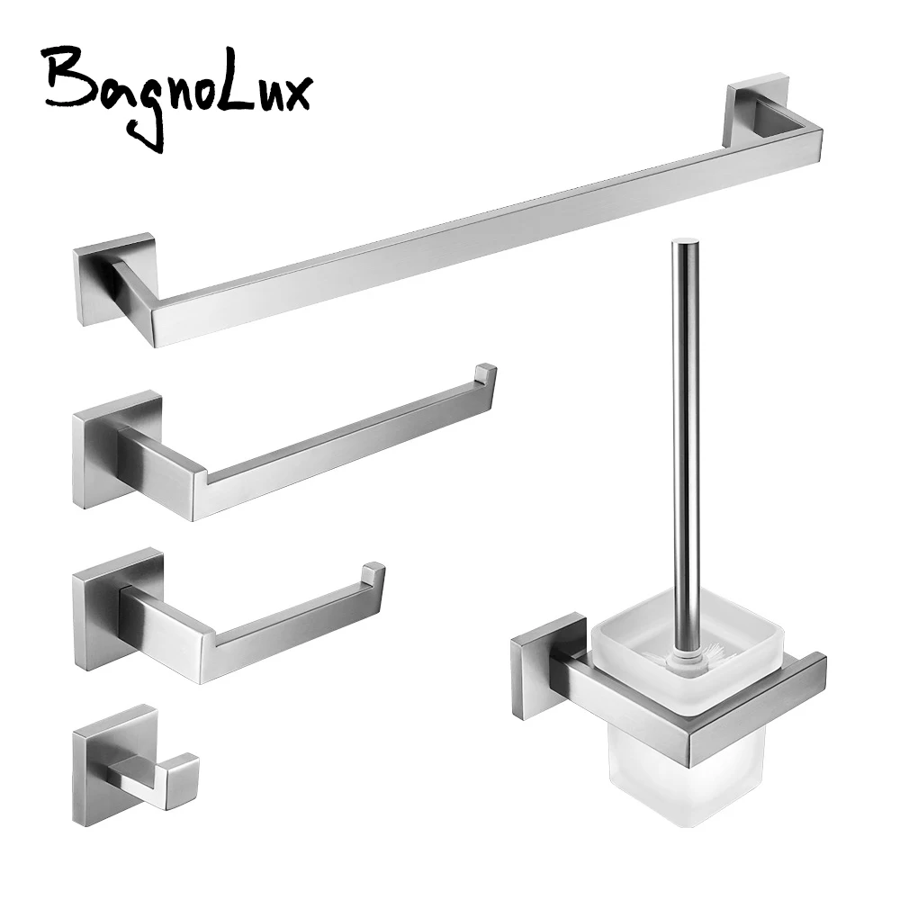 Stainless Steel Bathroom Accessories Hardware Kit Wall Mount Clothe Hook Paper Holder Towel Bar Toilet Brush Holder Soap Dish